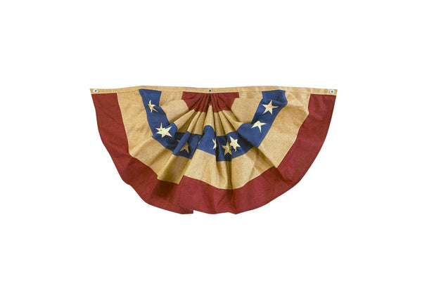 Rustic burlap patriotic bunting in red, white, and blue for garden displays and porch railings. Measures 48