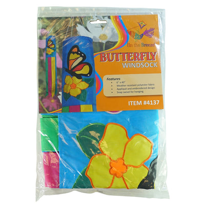 Butterfly 40-inch windsock with bright colors and detailed applique graphics hanging outdoors, fluttering in the breeze against a sunny backdrop.