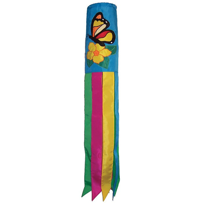 Butterfly 40-inch windsock with bright colors and detailed applique graphics hanging outdoors, fluttering in the breeze against a sunny backdrop.