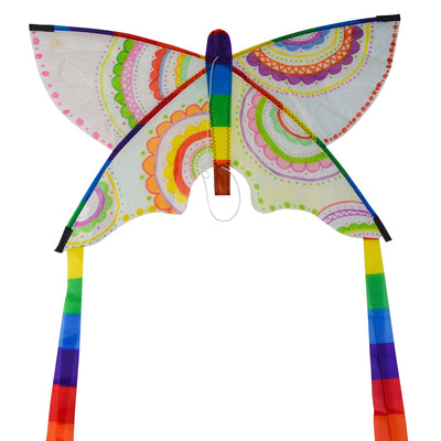 Butterfly 23\" Coloring Kite with blank surface for coloring, featuring rainbow stripe tails flying against a clear blue sky.