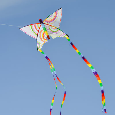 Butterfly 23\" Coloring Kite with blank surface for coloring, featuring rainbow stripe tails flying against a clear blue sky.