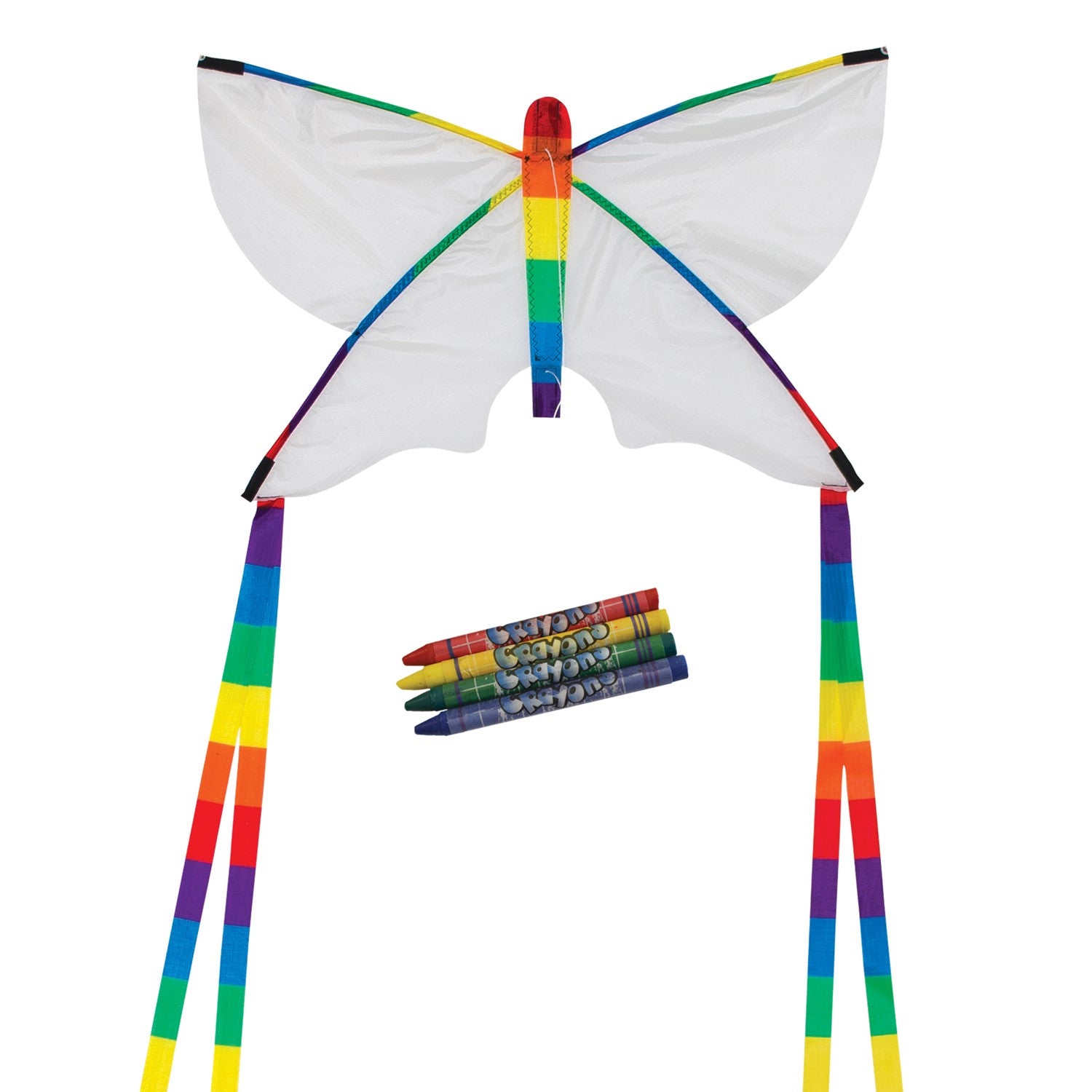 Butterfly 23\" Coloring Kite with blank surface for coloring, featuring rainbow stripe tails flying against a clear blue sky.