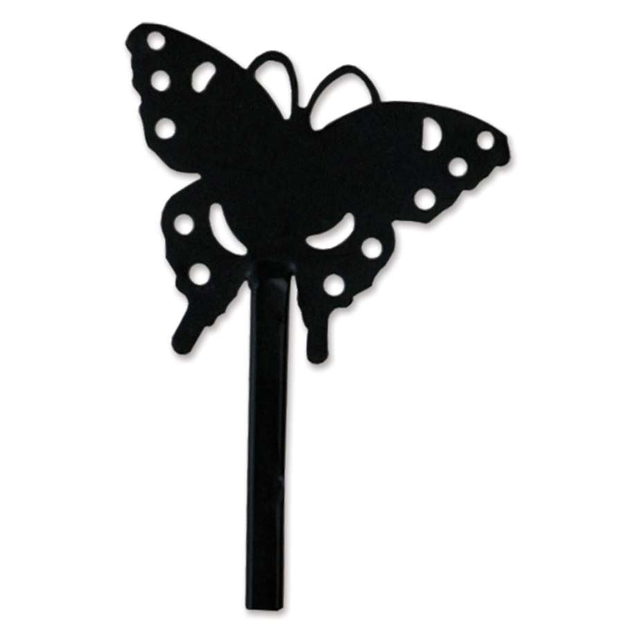 Butterfly Flag Finial featuring an elegant butterfly design, displayed atop a garden flag pole in a vibrant outdoor garden setting.