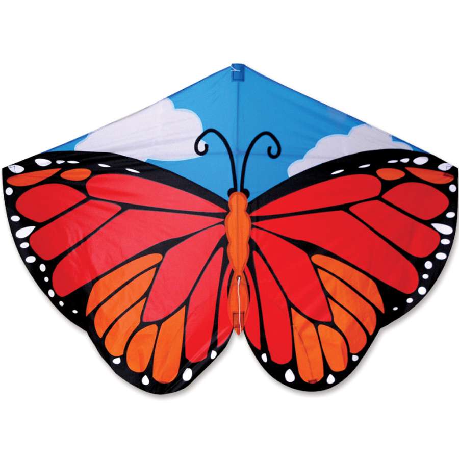 Butterfly Kite - Monarch, a colorful, 52 x 37 inch kite designed like a monarch butterfly in flight against a blue sky.