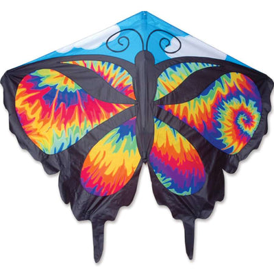 Colorful Butterfly Kite - Tie Dye, measuring 52 x 37 inches, soaring high against a blue sky, showcasing its vibrant design and details.