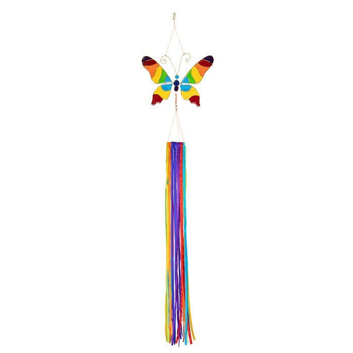 Butterfly & Ribbon Windsock featuring rainbow satin ribbons and a colorful resin butterfly, swaying gently in an outdoor setting.