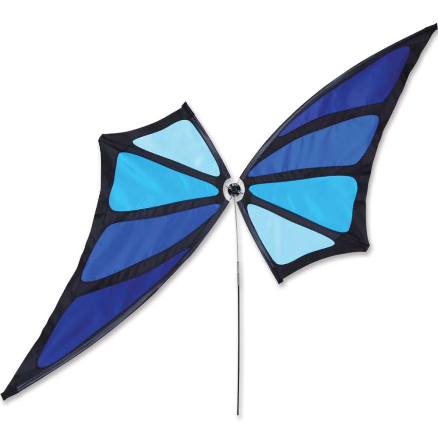 Butterfly Spinner in blue, an 8-foot garden decoration with spinning wings, elegantly displayed swaying in the breeze among flowers.