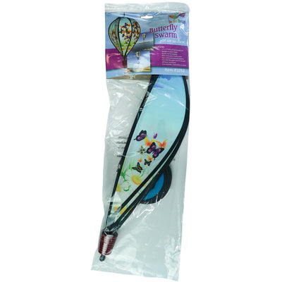 Butterfly Swarm Hot Air Balloon spinning in a garden, featuring colorful butterfly graphics and clear plastic mount for stability.