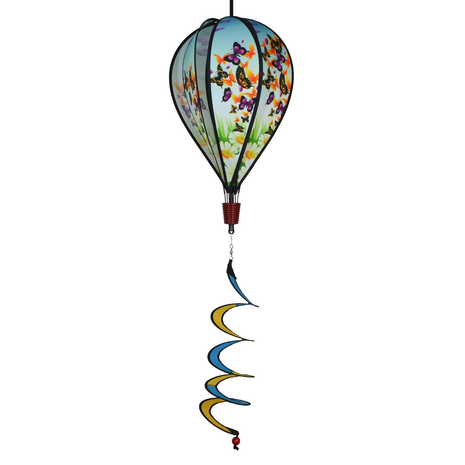 Butterfly Swarm Hot Air Balloon spinning in a garden, featuring colorful butterfly graphics and clear plastic mount for stability.