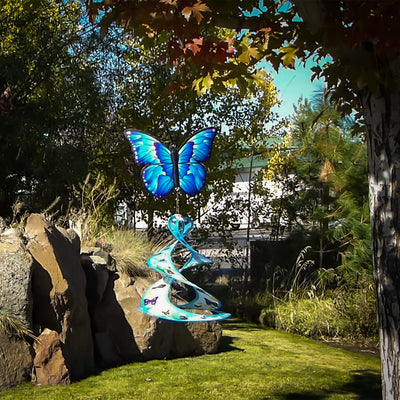 Butterfly Theme Duet hanging spinner featuring a colorful, two-dimensional butterfly design that twirls elegantly in the garden breeze.