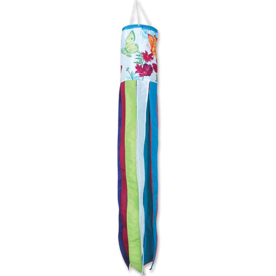 Butterfly Trio windsock featuring colorful butterfly designs gently swaying in the breeze, enhancing a vibrant garden setting.
