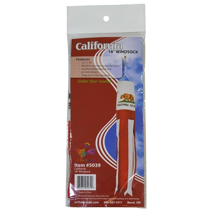California 18 inch windsock featuring the California flag design, colorful tails fluttering in the breeze, displayed outdoors.