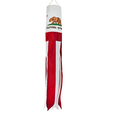 California 18 inch windsock featuring the California flag design, colorful tails fluttering in the breeze, displayed outdoors.