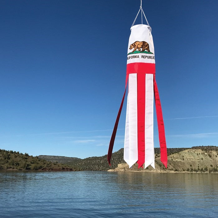 California 40" Windsock showcasing the iconic Bear Flag with embroidered details and vibrant tails fluttering in the outdoor breeze.