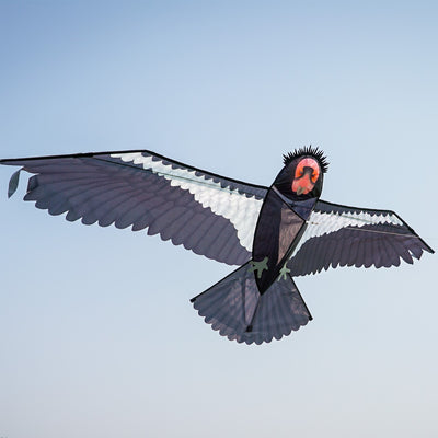Realistic 84-inch California condor kite soaring in clear blue sky, showcasing detailed wings and applique talons against a backdrop of nature.