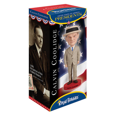 Calvin Coolidge Bobblehead, an 8-inch detailed figure of the 30th president, featuring unique hand-painted craftsmanship and an authenticity hologram.