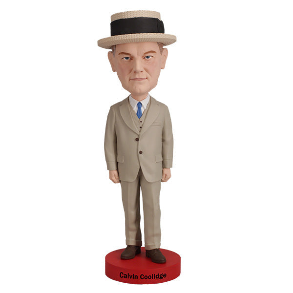 Calvin Coolidge Bobblehead, an 8-inch detailed figure of the 30th president, featuring unique hand-painted craftsmanship and an authenticity hologram.