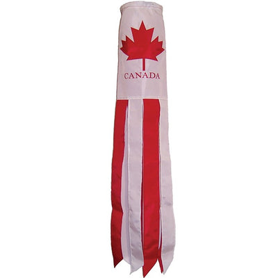 Canada 40 inch windsock with vibrant colors and detailed embroidered graphics fluttering outdoors in a garden setting.