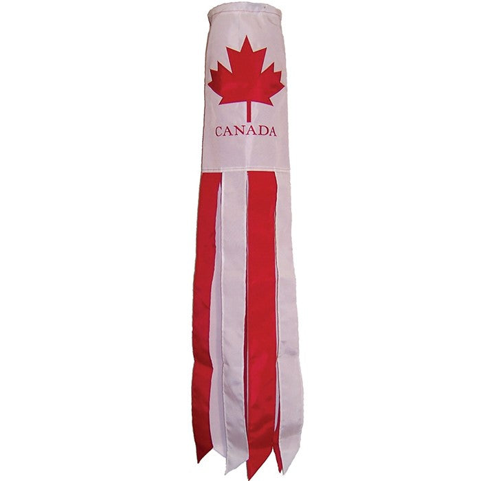 Canada 40 inch windsock with vibrant colors and detailed embroidered graphics fluttering outdoors in a garden setting.