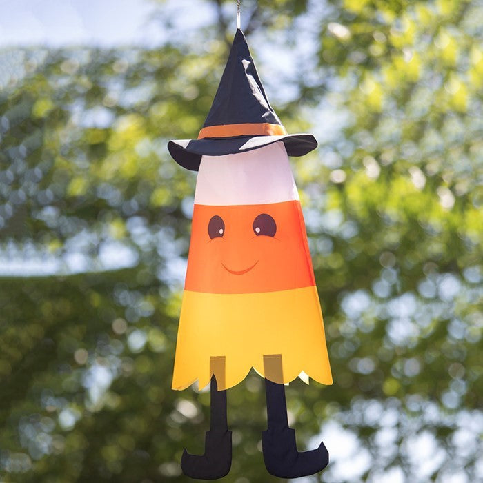 Candy Corn 3D Cone Windsock featuring bright colors and whimsical design, hanging outdoors for Halloween decoration.
