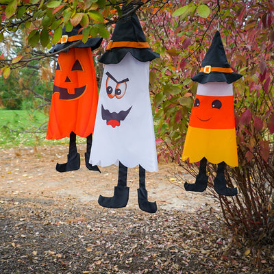 Candy Corn 3D Cone Windsock featuring bright colors and whimsical design, hanging outdoors for Halloween decoration.