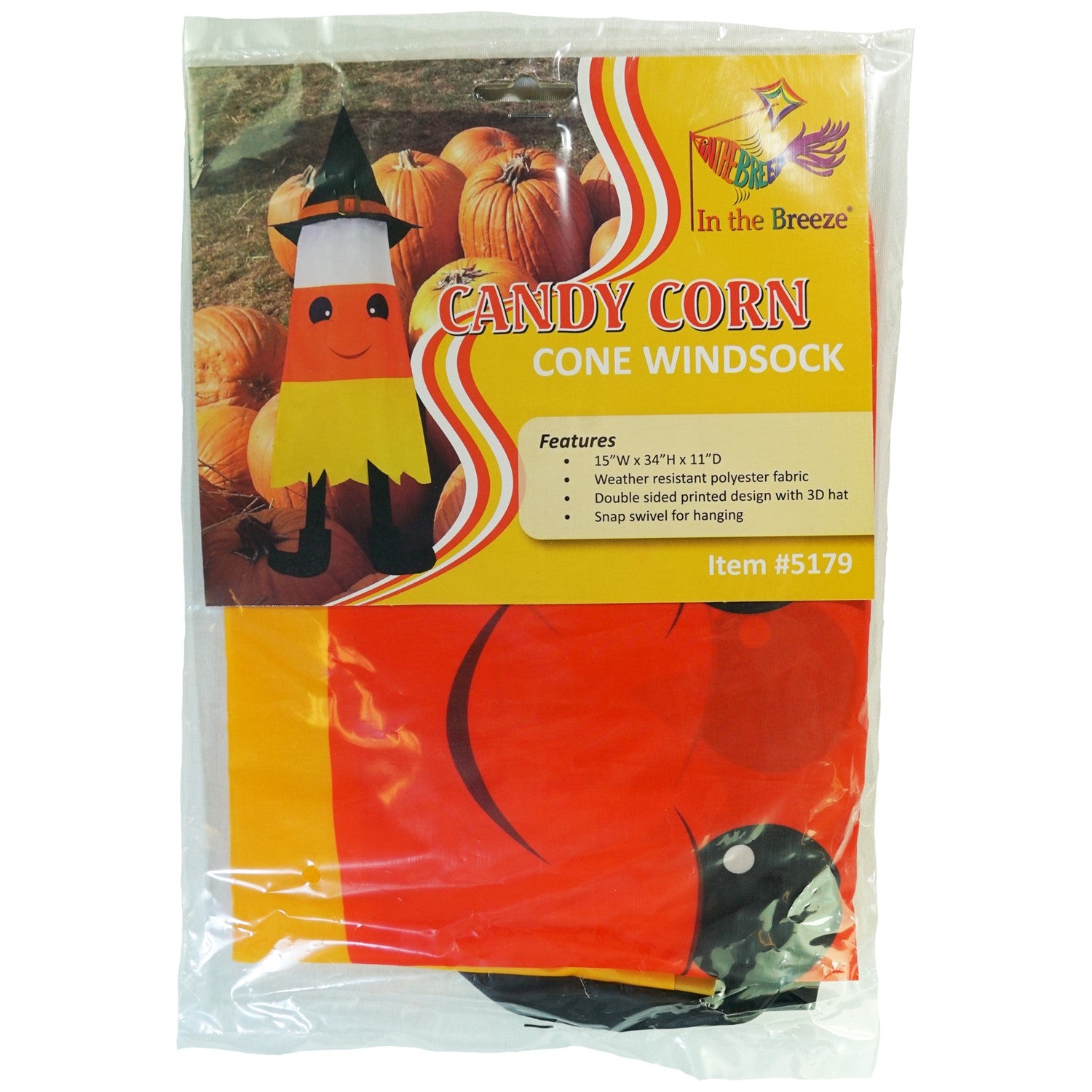 Candy Corn 3D Cone Windsock featuring bright colors and whimsical design, hanging outdoors for Halloween decoration.