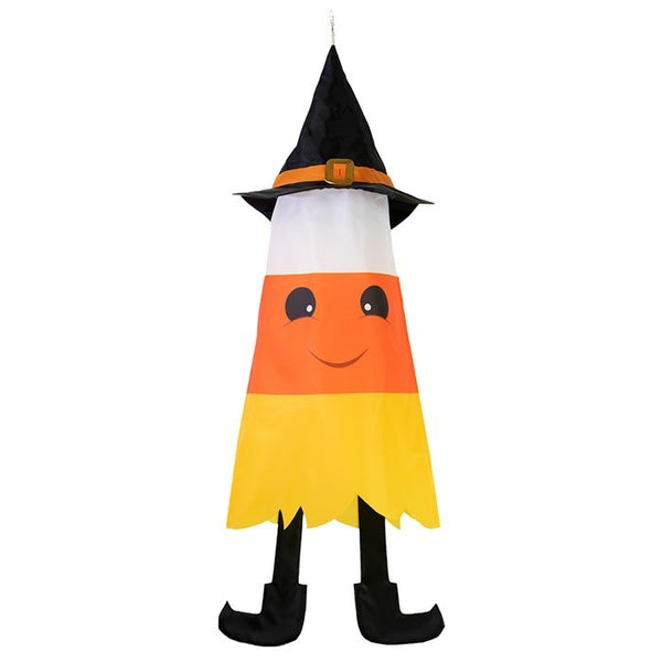 Candy Corn 3D Cone Windsock featuring bright colors and whimsical design, hanging outdoors for Halloween decoration.