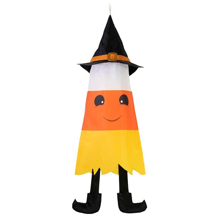 Candy Corn 3D Cone Windsock featuring bright colors and whimsical design, hanging outdoors for Halloween decoration.