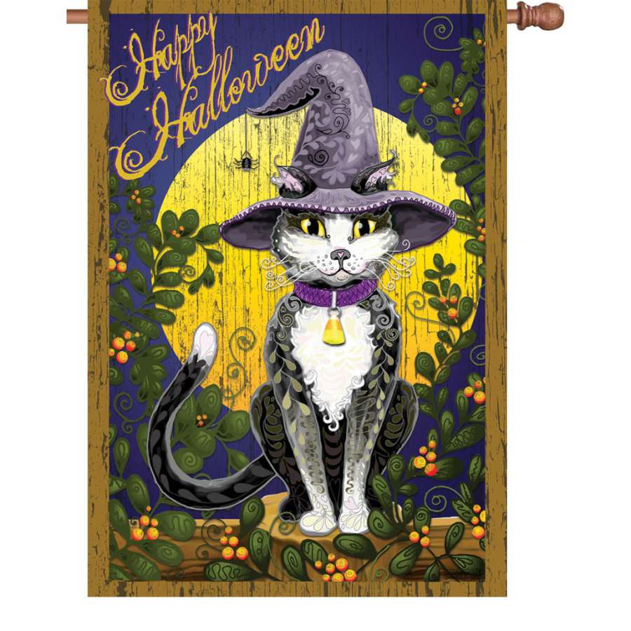 28 in. Candy Corn Cat flag featuring a playful cat and candy corn design, displayed on an outdoor flagpole, enhancing Halloween decor.