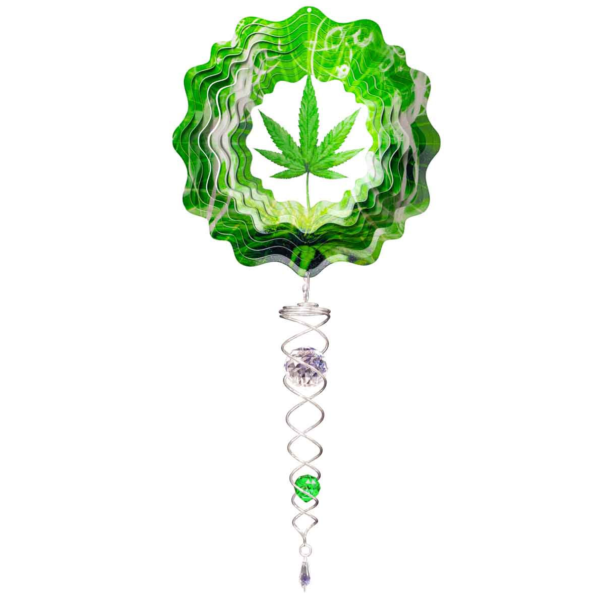 14-inch Cannabis Leaf wind spinner mini set featuring a vibrant design, 6.5-inch spinner, and 7.5-inch crystal twister displayed in an outdoor setting.