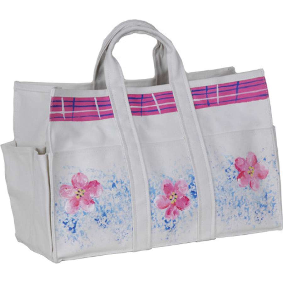 Canvas Tote Bag & Gloves - Cherry featuring hand-painted design, multiple pockets, displayed in an outdoor garden setting with gardening tools.