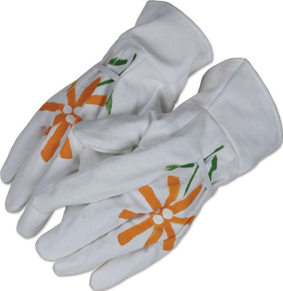 Canvas Tote Bag & Gloves - Daisies with hand-painted flower design and multiple pockets, shown on a garden bench filled with tools.