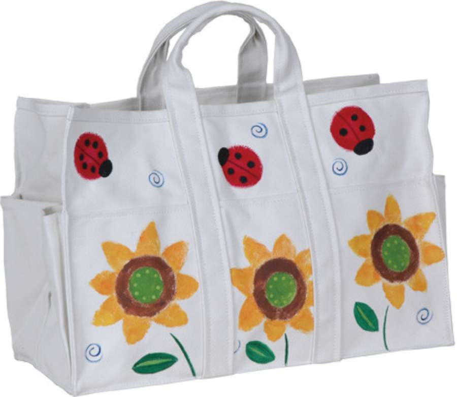The Canvas Tote Bag & Gloves set is a beautifully hand-painted item featuring vibrant sunflowers and designed for practical gardening use. Perfect for any garden lover looking to mix style with function-shop now!