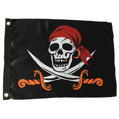 Captain Cutlass Lustre 12x18 Grommet Flag featuring a bold Jolly Roger design, displayed outdoors on a pole in a vibrant garden setting.