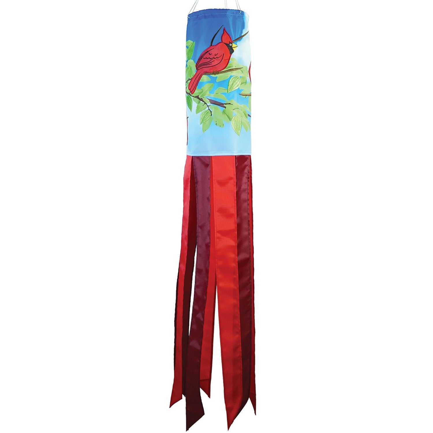 Cardinal 40" Inspiration Windsock with vibrant detail, featuring a red cardinal design and color-coordinated tails, hung as an outdoor decoration.