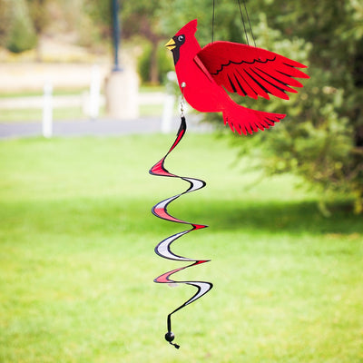 Cardinal Theme Twister featuring a vibrant red cardinal design with 3D wings, spinning in the wind against a clear sky backdrop.