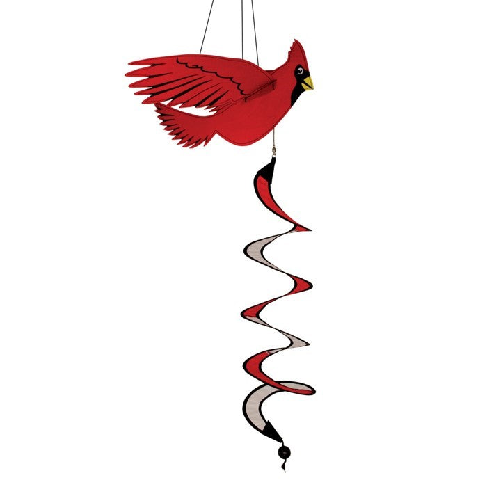 Cardinal Theme Twister featuring a vibrant red cardinal design with 3D wings, spinning in the wind against a clear sky backdrop.
