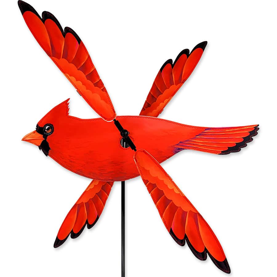 Cardinal-themed WhirliGig spinner with red wings, SunTex fabric, and fiberglass pole for smooth motion and vivid seasonal garden display.