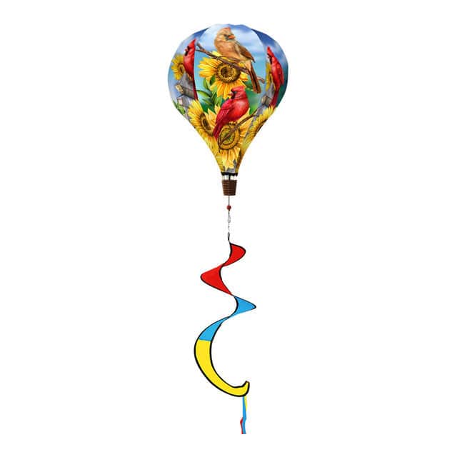 Hot air balloon spinner with bright red cardinals and golden sunflowers, made of weather-resistant polyester for colorful, breezy outdoor seasonal décor.
