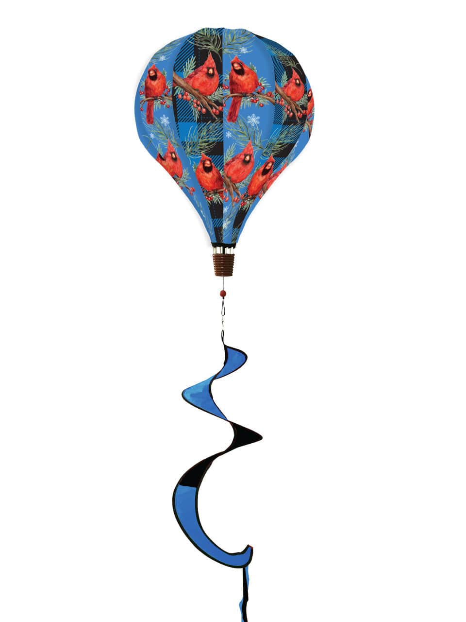 Cardinal-themed hot air balloon spinner with vibrant red birds, durable polyester, and flowing tail for serene and stylish outdoor seasonal decorating.