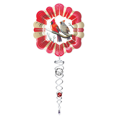 Vibrant Cardinals Mini Set Wind Spinners displayed in a garden, including a 6.5-inch wind spinner and a 7.5-inch crystal twister, shining in sunlight.