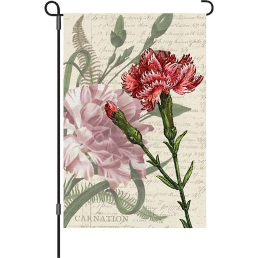 12 in. illuminated Carnation Celebration garden flag featuring vibrant floral designs displayed outdoors in a spring setting.