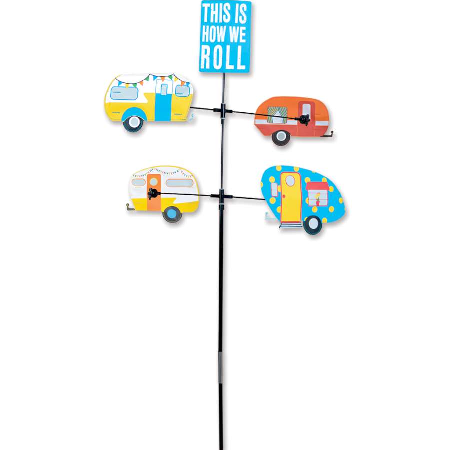 Carousel Spinner - How We Roll with colorful rotating shapes in the wind, displayed in a cheerful garden setting.