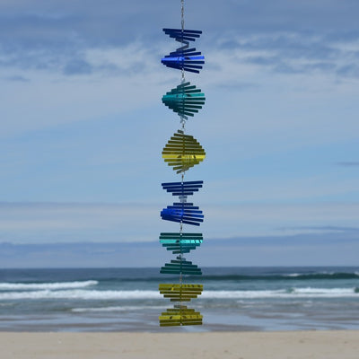 Cascade Stacked Shimmer Helix Spinner in captivating colors, spinning elegantly in the wind, designed for outdoor and indoor decor.