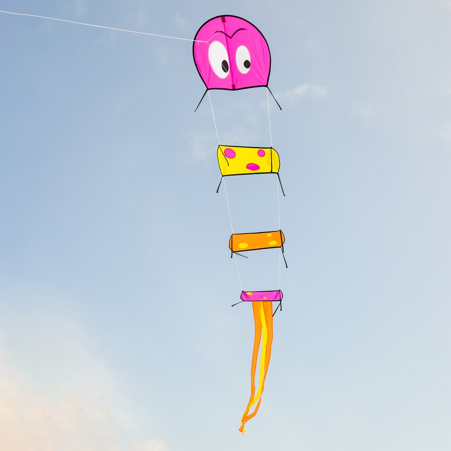 Caterpillar Kite flying in a clear blue sky, showcasing its colorful four-section body and playful tails that enhance stability.