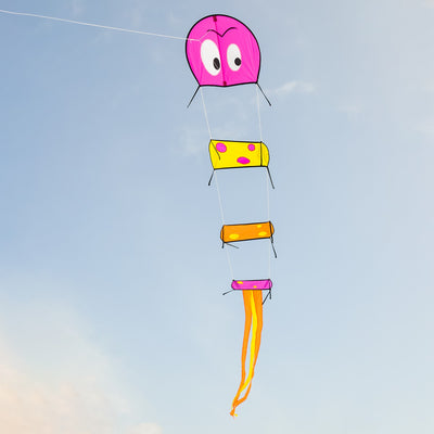 Caterpillar Kite flying in a clear blue sky, showcasing its colorful four-section body and playful tails that enhance stability.