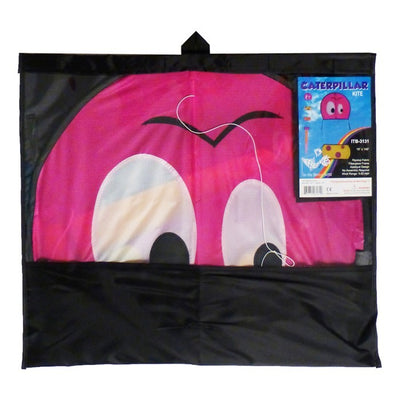 Caterpillar Kite flying in a clear blue sky, showcasing its colorful four-section body and playful tails that enhance stability.
