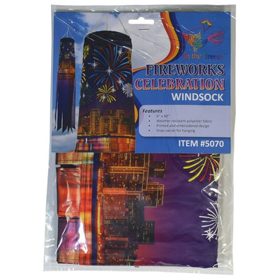 Celebration Fireworks 40-inch Windsock features a vibrant fireworks design, fluttering in the wind, perfect for festive outdoor decor.