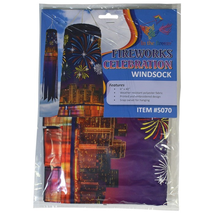 Celebration Fireworks 40-inch Windsock features a vibrant fireworks design, fluttering in the wind, perfect for festive outdoor decor.