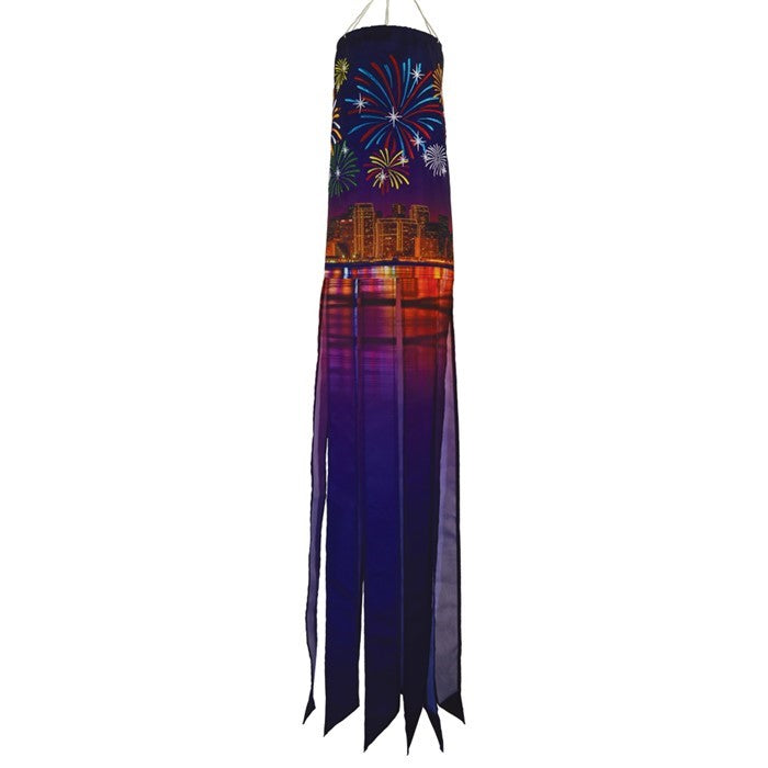 Celebration Fireworks 40-inch Windsock features a vibrant fireworks design, fluttering in the wind, perfect for festive outdoor decor.